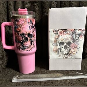 NEW 40 oz Shimmer Pink Skull and Floral Insulated Travel Mug